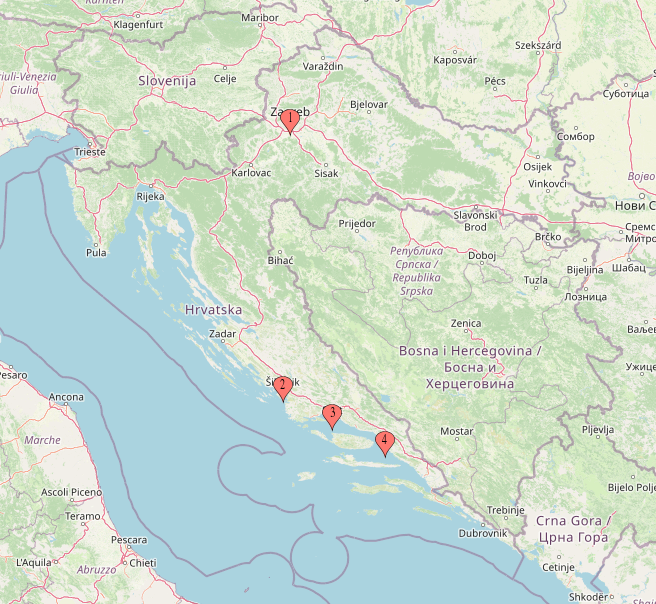 Map of Croatia with Zagreb, Šibenik, Makarska and Split pinned