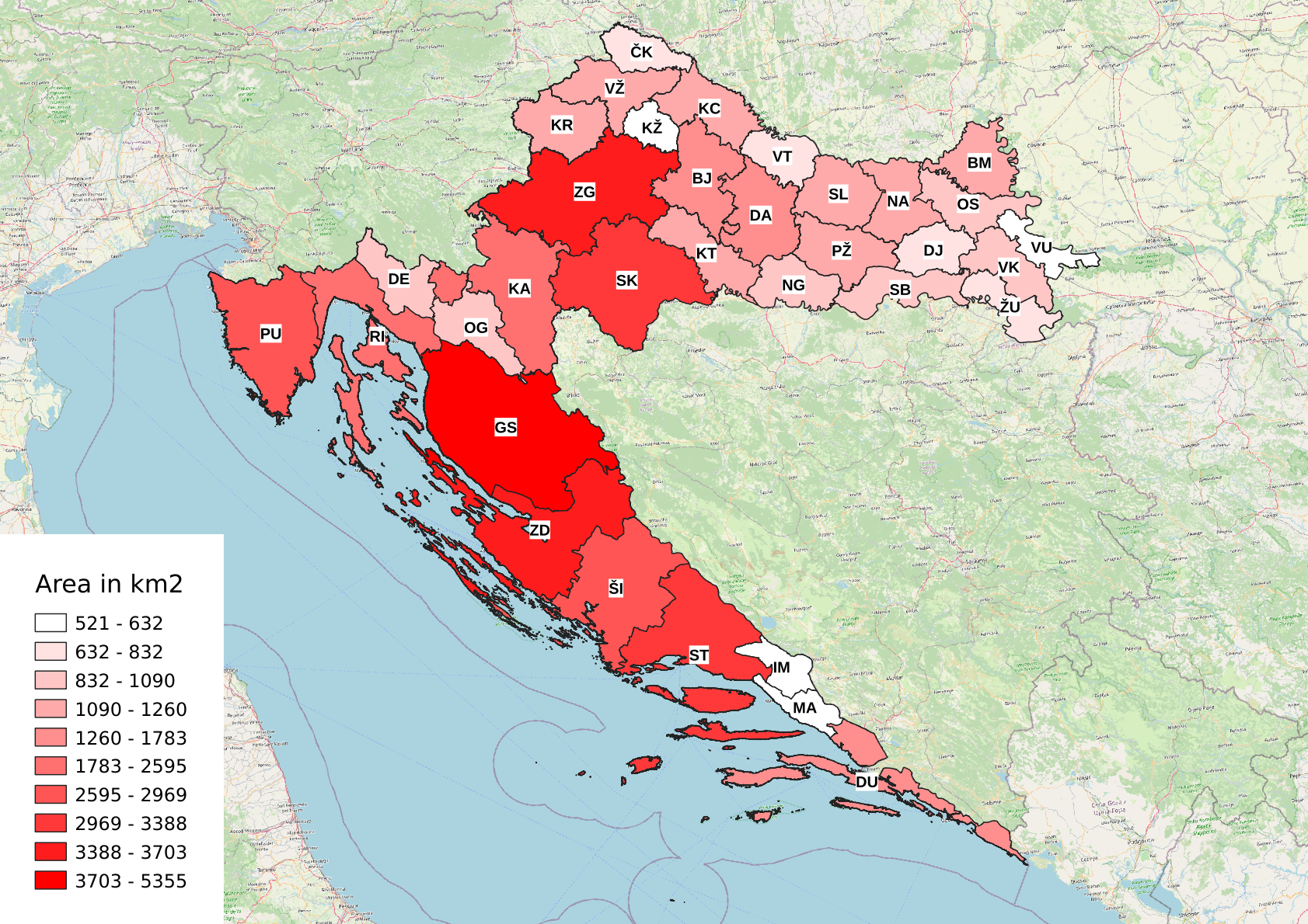 A heatmap showing the areas in square kilometers for each town code