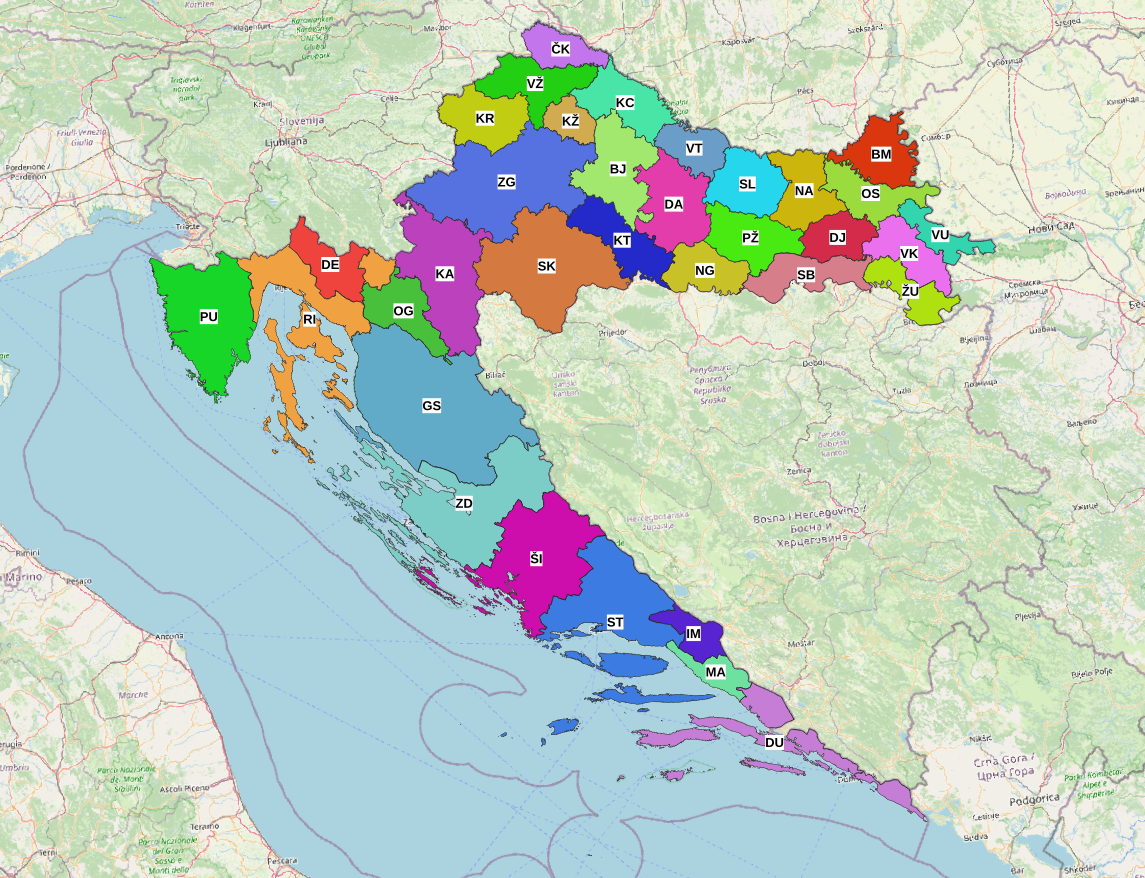 A labeled map of Croatia divided by the license plate town codes