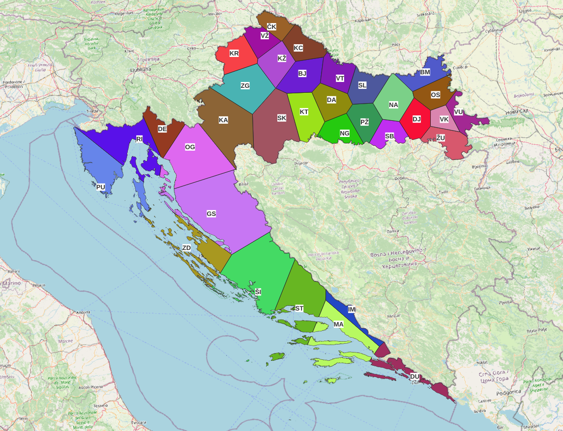 A Voronoi diagram of the main towns