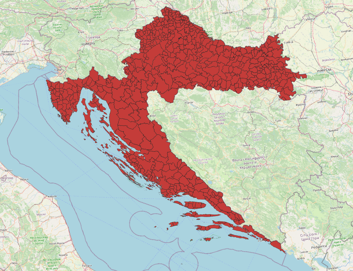 A map of Croatia with town and municipality borders